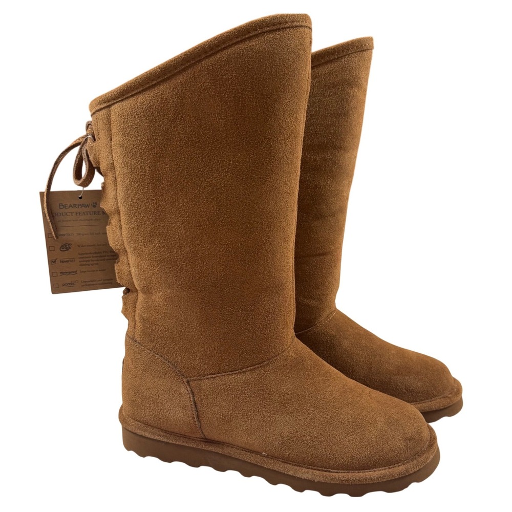 Bearpaw Emma Tall Hickory Suede Lace Back Winter Boots Womens 9 New